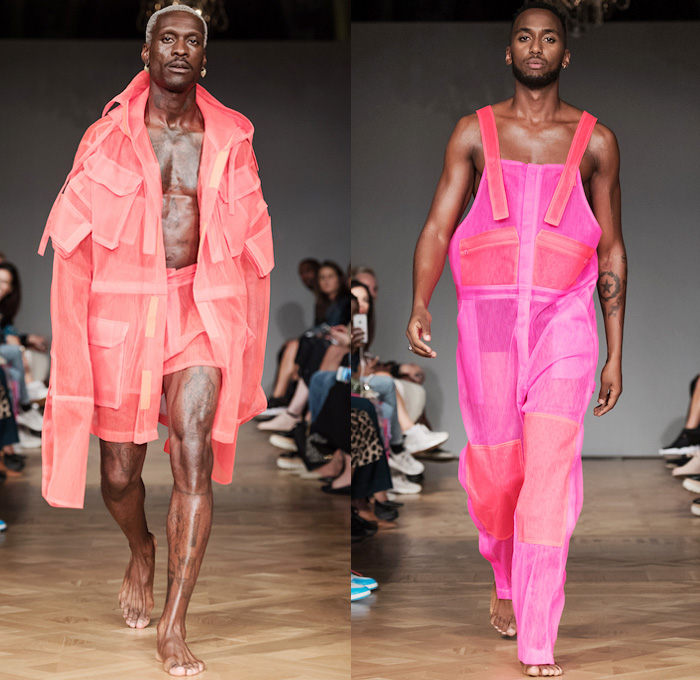 Selam Fessahaye 2019 Spring Summer Mens Runway Catwalk Looks - Fashion Week Stockholm Sweden - Trompe L'oeil 3D Flowers Floral Fauna Leaves Foliage Motif Sheer Chiffon Organza Tulle Metallic Embroidery Bedazzled Sequins Spangles Paillettes Oversized Outerwear Trench Coat Robe Long Sleeve Shirt Sleepwear Loungewear Cargo Pockets Onesie Jumpsuit Coveralls Bib Brace Dungarees Pants Shorts