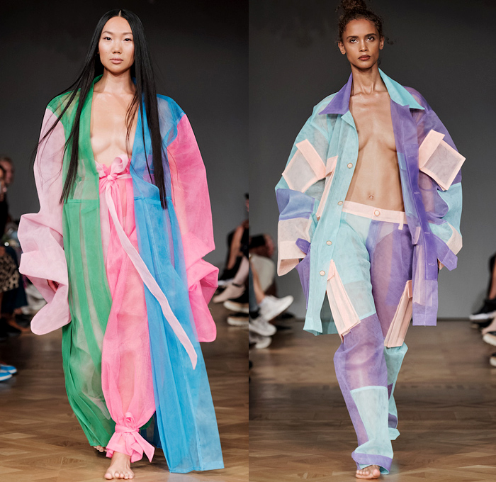 Selam Fessahaye 2019 Spring Summer Womens Runway Catwalk Looks - Fashion Week Stockholm Sweden -  Trompe L'oeil 3D Flowers Floral Fauna Leaves Foliage Motif Sheer Chiffon Organza Tulle Metallic Embroidery Bedazzled Sequins Spangles Paillettes Stripes Camouflage Oversized Outerwear Trench Coat Robe Cape Long Sleeve Shirt Pantsuit Strapless Cargo Pockets Ruffles Noodle Strap Dress Gown Eveningwear