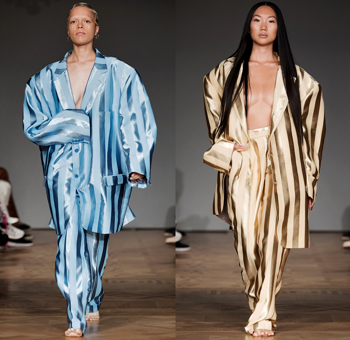 Selam Fessahaye 2019 Spring Summer Womens Runway Catwalk Looks - Fashion Week Stockholm Sweden -  Trompe L'oeil 3D Flowers Floral Fauna Leaves Foliage Motif Sheer Chiffon Organza Tulle Metallic Embroidery Bedazzled Sequins Spangles Paillettes Stripes Camouflage Oversized Outerwear Trench Coat Robe Cape Long Sleeve Shirt Pantsuit Strapless Cargo Pockets Ruffles Noodle Strap Dress Gown Eveningwear