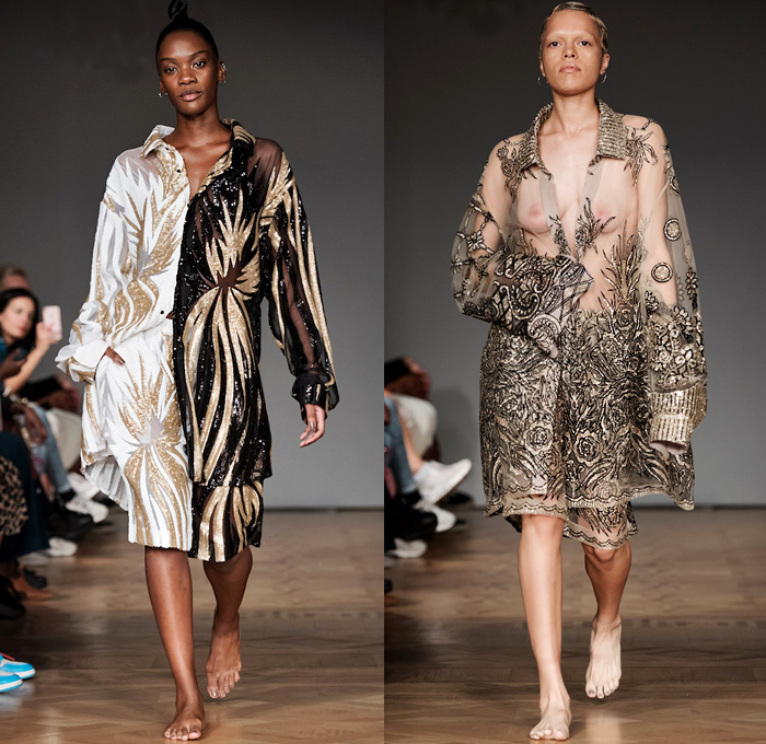 Selam Fessahaye 2019 Spring Summer Womens Runway Catwalk Looks - Fashion Week Stockholm Sweden -  Trompe L'oeil 3D Flowers Floral Fauna Leaves Foliage Motif Sheer Chiffon Organza Tulle Metallic Embroidery Bedazzled Sequins Spangles Paillettes Stripes Camouflage Oversized Outerwear Trench Coat Robe Cape Long Sleeve Shirt Pantsuit Strapless Cargo Pockets Ruffles Noodle Strap Dress Gown Eveningwear