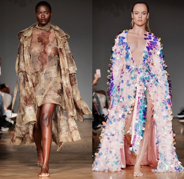 Selam Fessahaye 2019 Spring Summer Womens Runway Catwalk Looks - Fashion Week Stockholm Sweden -  Trompe L'oeil 3D Flowers Floral Fauna Leaves Foliage Motif Sheer Chiffon Organza Tulle Metallic Embroidery Bedazzled Sequins Spangles Paillettes Stripes Camouflage Oversized Outerwear Trench Coat Robe Cape Long Sleeve Shirt Pantsuit Strapless Cargo Pockets Ruffles Noodle Strap Dress Gown Eveningwear