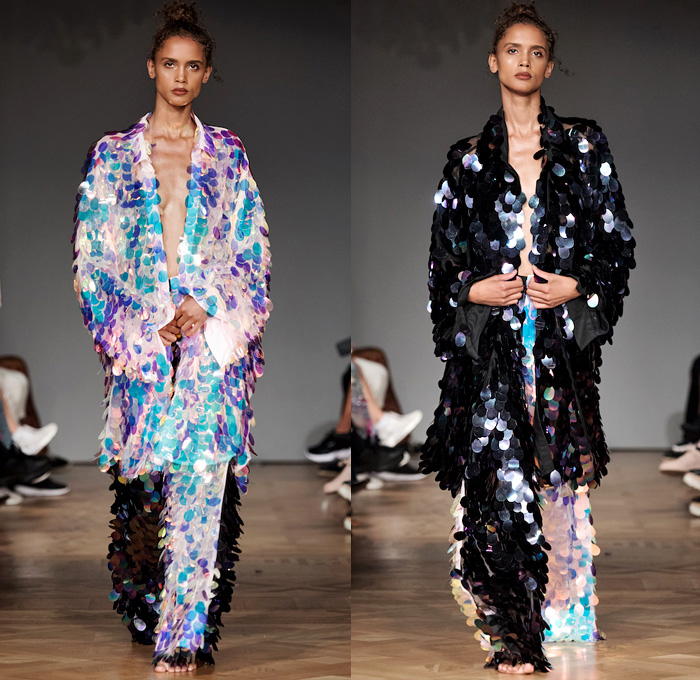 Selam Fessahaye 2019 Spring Summer Womens Runway Catwalk Looks - Fashion Week Stockholm Sweden -  Trompe L'oeil 3D Flowers Floral Fauna Leaves Foliage Motif Sheer Chiffon Organza Tulle Metallic Embroidery Bedazzled Sequins Spangles Paillettes Stripes Camouflage Oversized Outerwear Trench Coat Robe Cape Long Sleeve Shirt Pantsuit Strapless Cargo Pockets Ruffles Noodle Strap Dress Gown Eveningwear