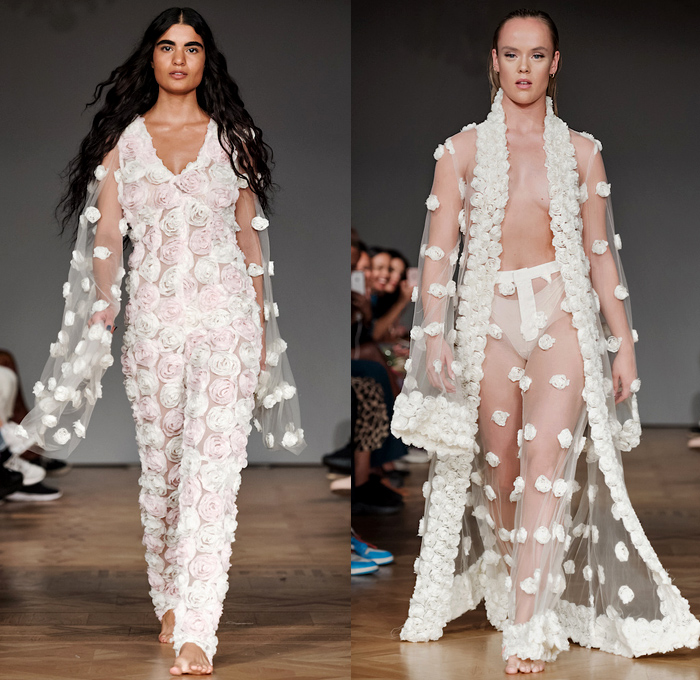 Selam Fessahaye 2019 Spring Summer Womens Runway Catwalk Looks - Fashion Week Stockholm Sweden -  Trompe L'oeil 3D Flowers Floral Fauna Leaves Foliage Motif Sheer Chiffon Organza Tulle Metallic Embroidery Bedazzled Sequins Spangles Paillettes Stripes Camouflage Oversized Outerwear Trench Coat Robe Cape Long Sleeve Shirt Pantsuit Strapless Cargo Pockets Ruffles Noodle Strap Dress Gown Eveningwear