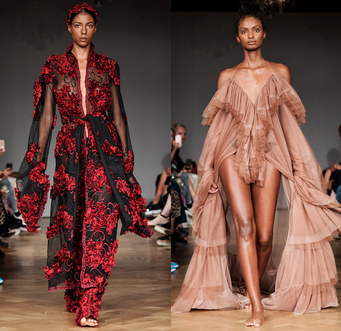 Selam Fessahaye 2019 Spring Summer Womens Runway Catwalk Looks - Fashion Week Stockholm Sweden -  Trompe L'oeil 3D Flowers Floral Fauna Leaves Foliage Motif Sheer Chiffon Organza Tulle Metallic Embroidery Bedazzled Sequins Spangles Paillettes Stripes Camouflage Oversized Outerwear Trench Coat Robe Cape Long Sleeve Shirt Pantsuit Strapless Cargo Pockets Ruffles Noodle Strap Dress Gown Eveningwear