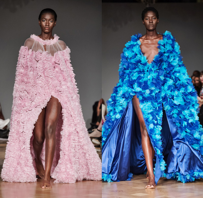 Selam Fessahaye 2019 Spring Summer Womens Runway Catwalk Looks - Fashion Week Stockholm Sweden -  Trompe L'oeil 3D Flowers Floral Fauna Leaves Foliage Motif Sheer Chiffon Organza Tulle Metallic Embroidery Bedazzled Sequins Spangles Paillettes Stripes Camouflage Oversized Outerwear Trench Coat Robe Cape Long Sleeve Shirt Pantsuit Strapless Cargo Pockets Ruffles Noodle Strap Dress Gown Eveningwear