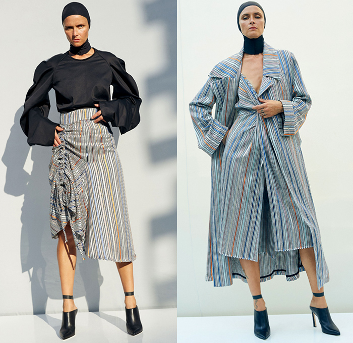 Sid Neigum 2019 Spring Summer Womens Lookbook Presentation New York Fashion Week NYFW - Sculptural Dimensional Architecture Spiral Geometric Accordion Pleats Trompe L'oeil Crackleture Leaf Texture Engraved Embossed Flowers Floral Sheer Chiffon Cinch Houndstooth Sawtooth Frayed Raw Hem Outerwear Coat Blazer Maxi Dress Crop Top Midriff One Shoulder Headwear Boots Mules