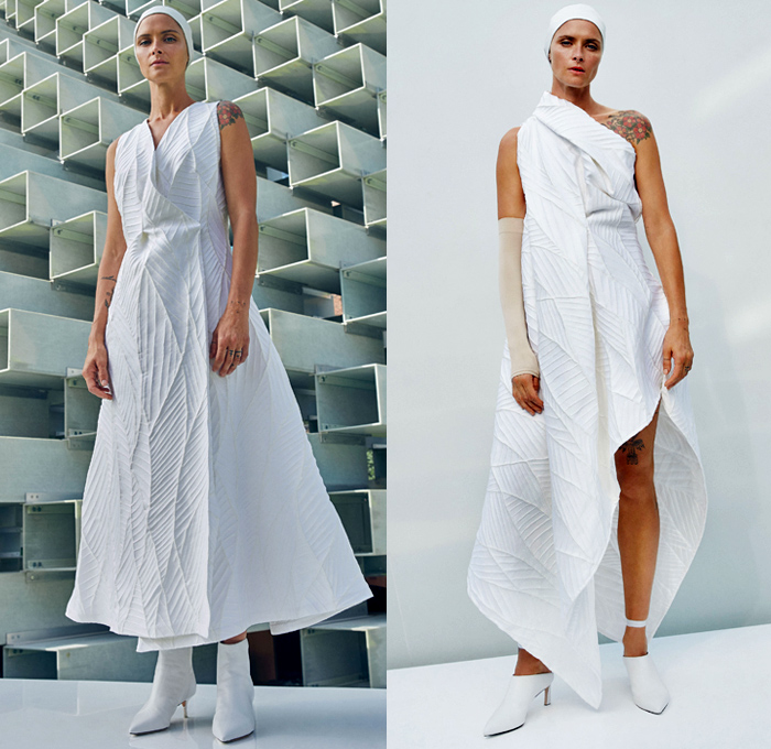 Sid Neigum 2019 Spring Summer Womens Lookbook Presentation New York Fashion Week NYFW - Sculptural Dimensional Architecture Spiral Geometric Accordion Pleats Trompe L'oeil Crackleture Leaf Texture Engraved Embossed Flowers Floral Sheer Chiffon Cinch Houndstooth Sawtooth Frayed Raw Hem Outerwear Coat Blazer Maxi Dress Crop Top Midriff One Shoulder Headwear Boots Mules