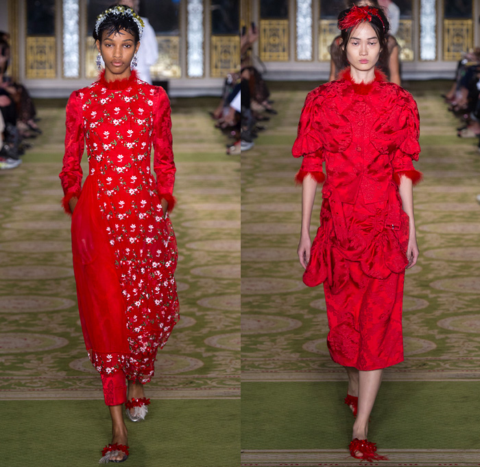 Simone Rocha 2019 Spring Summer Womens Runway Catwalk Looks Collection - London Fashion Week Collections UK - Tang Dynasty China Veiled Hat Sheer Chiffon Tulle Flowers Floral Embroidery Jacquard Brocade Silk Satin Feathers Fringes Tiara Strapless Dress Gown Eveningwear Scales Lace Needlework Bib Capelet Trench Coat Leg O'Mutton Sleeves Knitwear Handbag