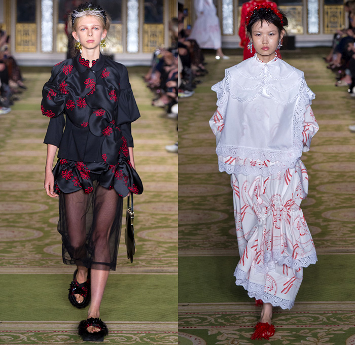 Simone Rocha 2019 Spring Summer Womens Runway Catwalk Looks Collection - London Fashion Week Collections UK - Tang Dynasty China Veiled Hat Sheer Chiffon Tulle Flowers Floral Embroidery Jacquard Brocade Silk Satin Feathers Fringes Tiara Strapless Dress Gown Eveningwear Scales Lace Needlework Bib Capelet Trench Coat Leg O'Mutton Sleeves Knitwear Handbag