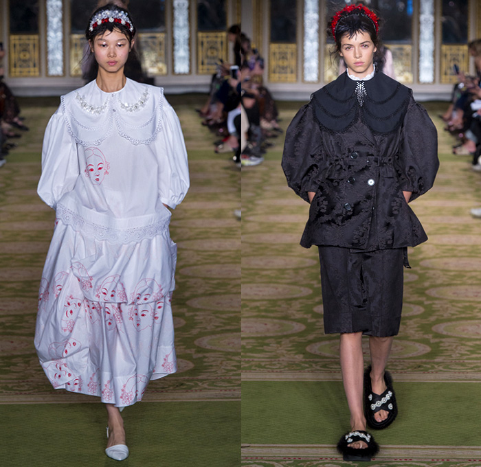 Simone Rocha 2019 Spring Summer Womens Runway Catwalk Looks Collection - London Fashion Week Collections UK - Tang Dynasty China Veiled Hat Sheer Chiffon Tulle Flowers Floral Embroidery Jacquard Brocade Silk Satin Feathers Fringes Tiara Strapless Dress Gown Eveningwear Scales Lace Needlework Bib Capelet Trench Coat Leg O'Mutton Sleeves Knitwear Handbag