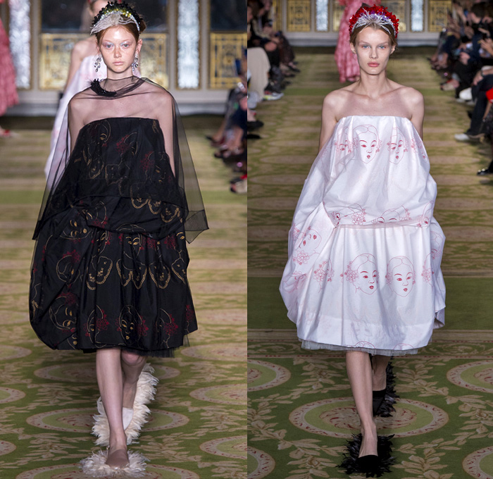 Simone Rocha 2019 Spring Summer Womens Runway Catwalk Looks Collection - London Fashion Week Collections UK - Tang Dynasty China Veiled Hat Sheer Chiffon Tulle Flowers Floral Embroidery Jacquard Brocade Silk Satin Feathers Fringes Tiara Strapless Dress Gown Eveningwear Scales Lace Needlework Bib Capelet Trench Coat Leg O'Mutton Sleeves Knitwear Handbag