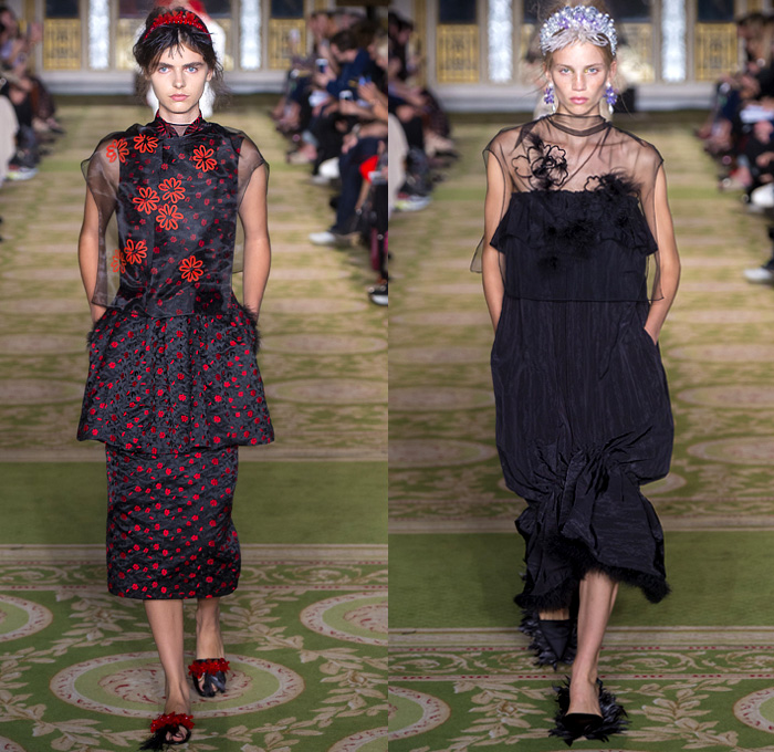 Simone Rocha 2019 Spring Summer Womens Runway Catwalk Looks Collection - London Fashion Week Collections UK - Tang Dynasty China Veiled Hat Sheer Chiffon Tulle Flowers Floral Embroidery Jacquard Brocade Silk Satin Feathers Fringes Tiara Strapless Dress Gown Eveningwear Scales Lace Needlework Bib Capelet Trench Coat Leg O'Mutton Sleeves Knitwear Handbag