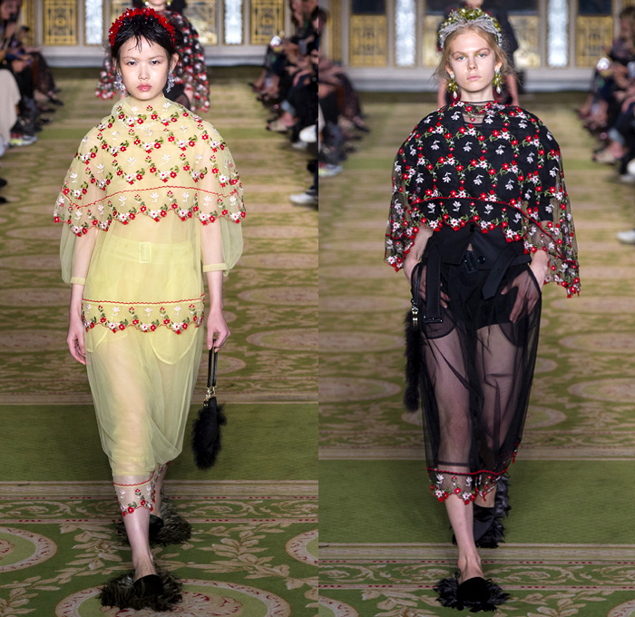 Simone Rocha 2019 Spring Summer Womens Runway Catwalk Looks Collection - London Fashion Week Collections UK - Tang Dynasty China Veiled Hat Sheer Chiffon Tulle Flowers Floral Embroidery Jacquard Brocade Silk Satin Feathers Fringes Tiara Strapless Dress Gown Eveningwear Scales Lace Needlework Bib Capelet Trench Coat Leg O'Mutton Sleeves Knitwear Handbag