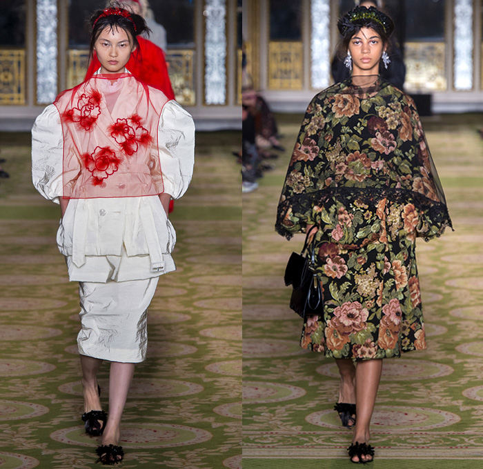 Simone Rocha 2019 Spring Summer Womens Runway Catwalk Looks Collection - London Fashion Week Collections UK - Tang Dynasty China Veiled Hat Sheer Chiffon Tulle Flowers Floral Embroidery Jacquard Brocade Silk Satin Feathers Fringes Tiara Strapless Dress Gown Eveningwear Scales Lace Needlework Bib Capelet Trench Coat Leg O'Mutton Sleeves Knitwear Handbag