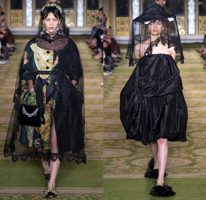 Simone Rocha 2019 Spring Summer Womens Runway Catwalk Looks Collection - London Fashion Week Collections UK - Tang Dynasty China Veiled Hat Sheer Chiffon Tulle Flowers Floral Embroidery Jacquard Brocade Silk Satin Feathers Fringes Tiara Strapless Dress Gown Eveningwear Scales Lace Needlework Bib Capelet Trench Coat Leg O'Mutton Sleeves Knitwear Handbag