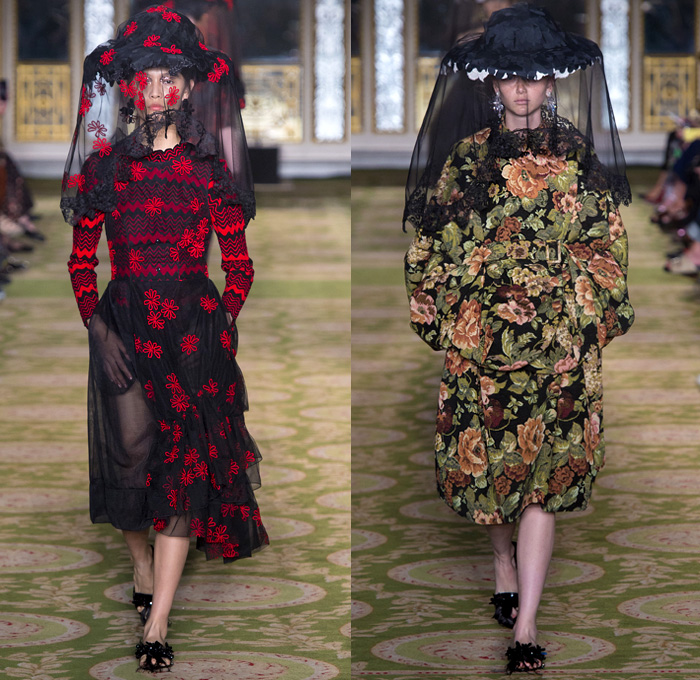 Simone Rocha 2019 Spring Summer Womens Runway Catwalk Looks Collection - London Fashion Week Collections UK - Tang Dynasty China Veiled Hat Sheer Chiffon Tulle Flowers Floral Embroidery Jacquard Brocade Silk Satin Feathers Fringes Tiara Strapless Dress Gown Eveningwear Scales Lace Needlework Bib Capelet Trench Coat Leg O'Mutton Sleeves Knitwear Handbag