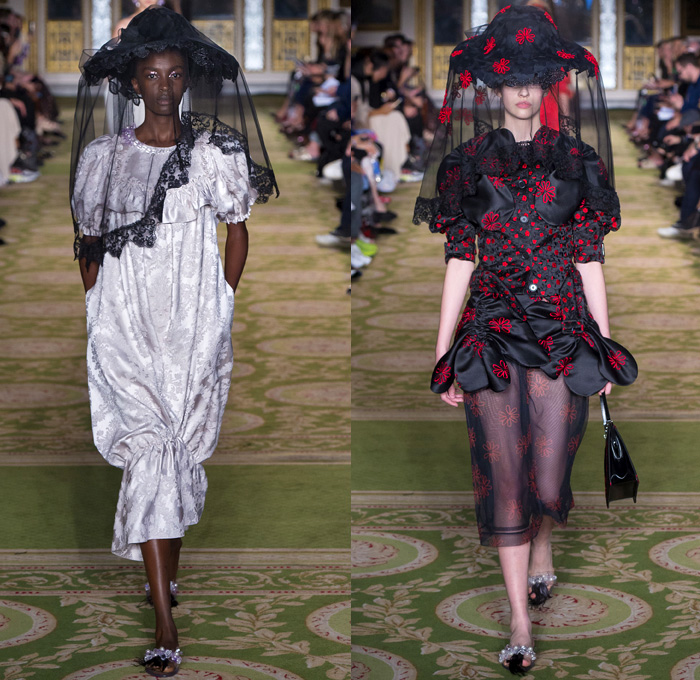 Simone Rocha 2019 Spring Summer Womens Runway Catwalk Looks Collection - London Fashion Week Collections UK - Tang Dynasty China Veiled Hat Sheer Chiffon Tulle Flowers Floral Embroidery Jacquard Brocade Silk Satin Feathers Fringes Tiara Strapless Dress Gown Eveningwear Scales Lace Needlework Bib Capelet Trench Coat Leg O'Mutton Sleeves Knitwear Handbag