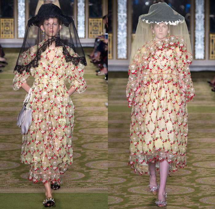 Simone Rocha 2019 Spring Summer Womens Runway Catwalk Looks Collection - London Fashion Week Collections UK - Tang Dynasty China Veiled Hat Sheer Chiffon Tulle Flowers Floral Embroidery Jacquard Brocade Silk Satin Feathers Fringes Tiara Strapless Dress Gown Eveningwear Scales Lace Needlework Bib Capelet Trench Coat Leg O'Mutton Sleeves Knitwear Handbag