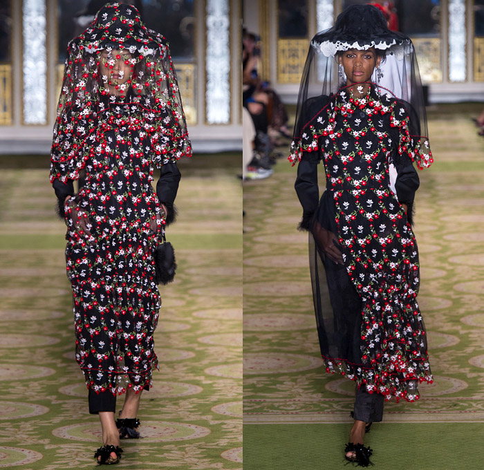 Simone Rocha 2019 Spring Summer Womens Runway Catwalk Looks Collection - London Fashion Week Collections UK - Tang Dynasty China Veiled Hat Sheer Chiffon Tulle Flowers Floral Embroidery Jacquard Brocade Silk Satin Feathers Fringes Tiara Strapless Dress Gown Eveningwear Scales Lace Needlework Bib Capelet Trench Coat Leg O'Mutton Sleeves Knitwear Handbag