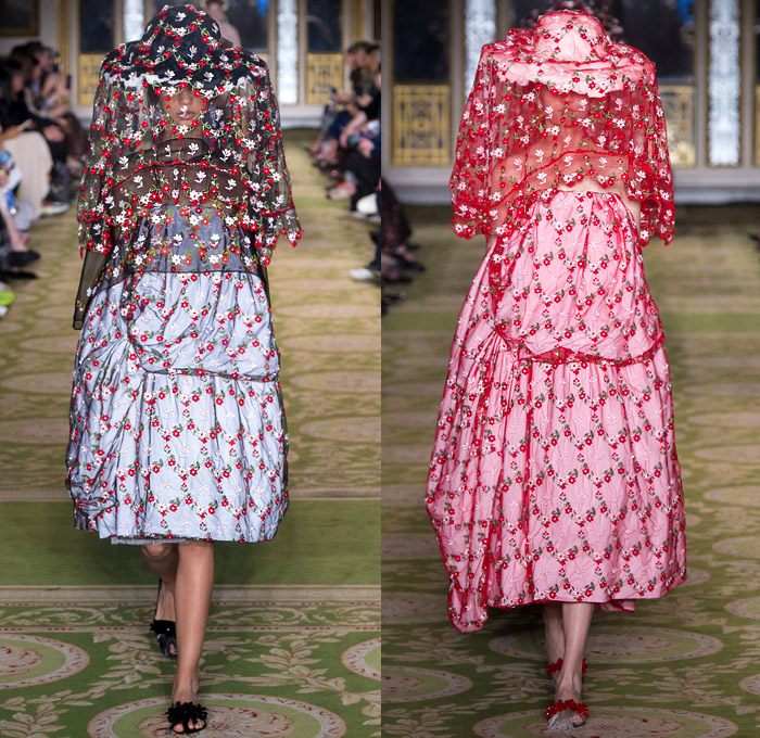 Simone Rocha 2019 Spring Summer Womens Runway Catwalk Looks Collection - London Fashion Week Collections UK - Tang Dynasty China Veiled Hat Sheer Chiffon Tulle Flowers Floral Embroidery Jacquard Brocade Silk Satin Feathers Fringes Tiara Strapless Dress Gown Eveningwear Scales Lace Needlework Bib Capelet Trench Coat Leg O'Mutton Sleeves Knitwear Handbag