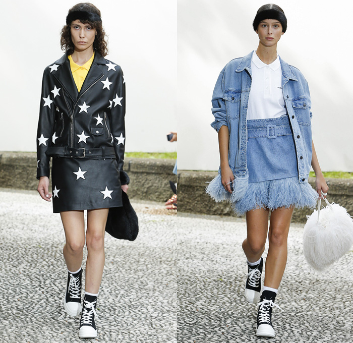 Simonetta Ravizza 2019 Spring Summer Womens Runway Catwalk Looks Collection - Milano Moda Donna Collezione Milan Fashion Week Italy - Sporty Athleisure Logo Mania Fur Plush Bomber Jacket Mesh Stars Leather Motorcycle Biker Fringes Feathers Animal Spots Leopard Cheetah Polo Shirt Dress Loungewear Robe Coat Colorblock Vest Miniskirt Sack Pouch High Tops Sneakers