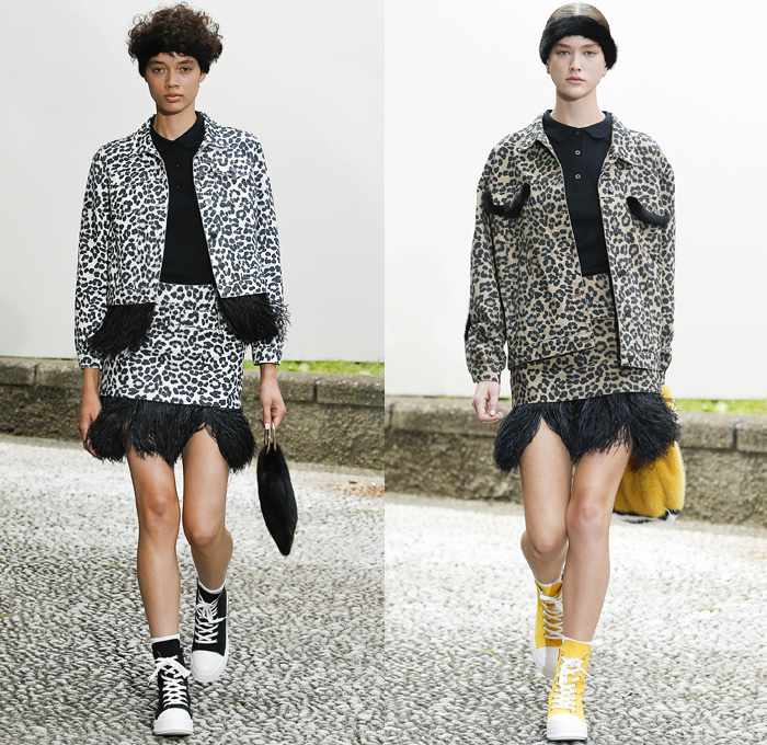 Simonetta Ravizza 2019 Spring Summer Womens Runway Catwalk Looks Collection - Milano Moda Donna Collezione Milan Fashion Week Italy - Sporty Athleisure Logo Mania Fur Plush Bomber Jacket Mesh Stars Leather Motorcycle Biker Fringes Feathers Animal Spots Leopard Cheetah Polo Shirt Dress Loungewear Robe Coat Colorblock Vest Miniskirt Sack Pouch High Tops Sneakers
