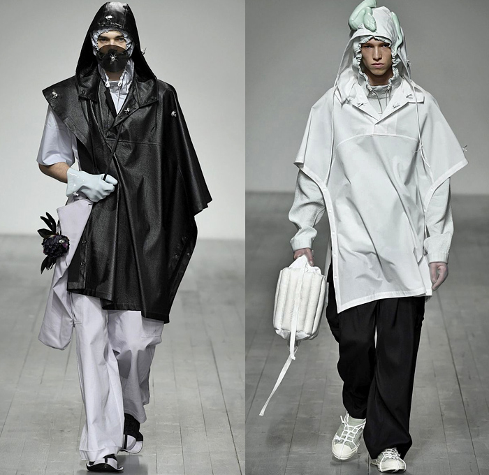 STAFFONLY presented by GQ 2019 Spring Summer Mens Runway Catwalk Looks Collection London Fashion Week Mens LFWM - May The Flowers I Burned Light Up Your Way Waterproof Coating Depression Alienation Silence Funnel Collar Snake Headwear Straps Insects Bugs Mask Harness Neck Flap White Pastel Shoelaces Drawstring Coat Parka Anorak Poncho Hoodie Asymmetrical Jean Jacket Baggy Pants Jogger Sweatpants Cargo Pockets Shorts Gloves Tote Bag Cap Plastic Eye Mask Sneakers Hi-Tops Sole Covers Gliders