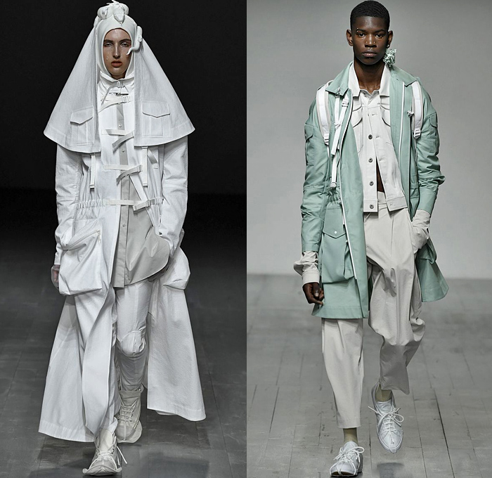 STAFFONLY presented by GQ 2019 Spring Summer Mens Runway Catwalk Looks Collection London Fashion Week Mens LFWM - May The Flowers I Burned Light Up Your Way Waterproof Coating Depression Alienation Silence Funnel Collar Snake Headwear Straps Insects Bugs Mask Harness Neck Flap White Pastel Shoelaces Drawstring Coat Parka Anorak Poncho Hoodie Asymmetrical Jean Jacket Baggy Pants Jogger Sweatpants Cargo Pockets Shorts Gloves Tote Bag Cap Plastic Eye Mask Sneakers Hi-Tops Sole Covers Gliders