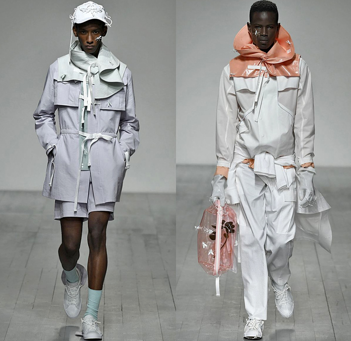 STAFFONLY presented by GQ 2019 Spring Summer Mens Runway Catwalk Looks Collection London Fashion Week Mens LFWM - May The Flowers I Burned Light Up Your Way Waterproof Coating Depression Alienation Silence Funnel Collar Snake Headwear Straps Insects Bugs Mask Harness Neck Flap White Pastel Shoelaces Drawstring Coat Parka Anorak Poncho Hoodie Asymmetrical Jean Jacket Baggy Pants Jogger Sweatpants Cargo Pockets Shorts Gloves Tote Bag Cap Plastic Eye Mask Sneakers Hi-Tops Sole Covers Gliders