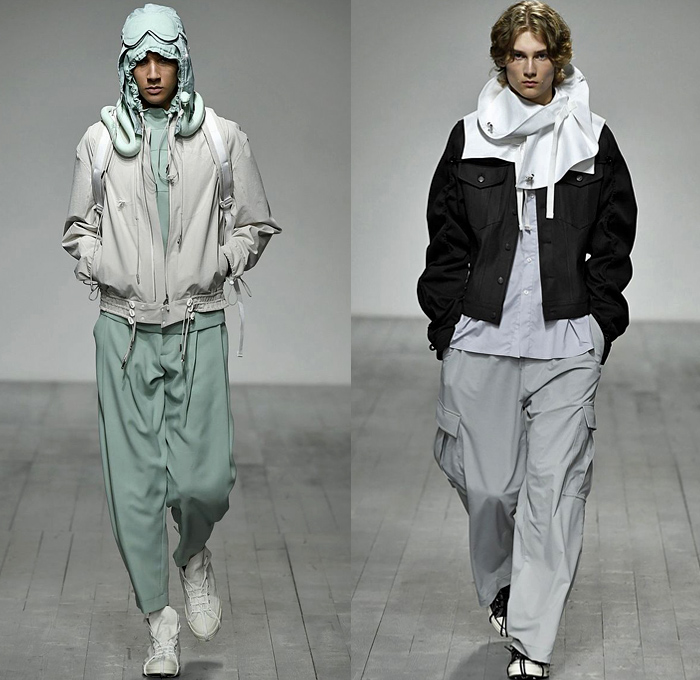 STAFFONLY presented by GQ 2019 Spring Summer Mens Runway Catwalk Looks Collection London Fashion Week Mens LFWM - May The Flowers I Burned Light Up Your Way Waterproof Coating Depression Alienation Silence Funnel Collar Snake Headwear Straps Insects Bugs Mask Harness Neck Flap White Pastel Shoelaces Drawstring Coat Parka Anorak Poncho Hoodie Asymmetrical Jean Jacket Baggy Pants Jogger Sweatpants Cargo Pockets Shorts Gloves Tote Bag Cap Plastic Eye Mask Sneakers Hi-Tops Sole Covers Gliders