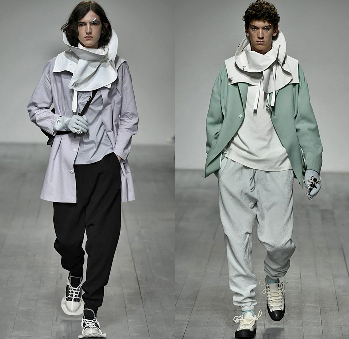 STAFFONLY presented by GQ 2019 Spring Summer Mens Runway Catwalk Looks Collection London Fashion Week Mens LFWM - May The Flowers I Burned Light Up Your Way Waterproof Coating Depression Alienation Silence Funnel Collar Snake Headwear Straps Insects Bugs Mask Harness Neck Flap White Pastel Shoelaces Drawstring Coat Parka Anorak Poncho Hoodie Asymmetrical Jean Jacket Baggy Pants Jogger Sweatpants Cargo Pockets Shorts Gloves Tote Bag Cap Plastic Eye Mask Sneakers Hi-Tops Sole Covers Gliders