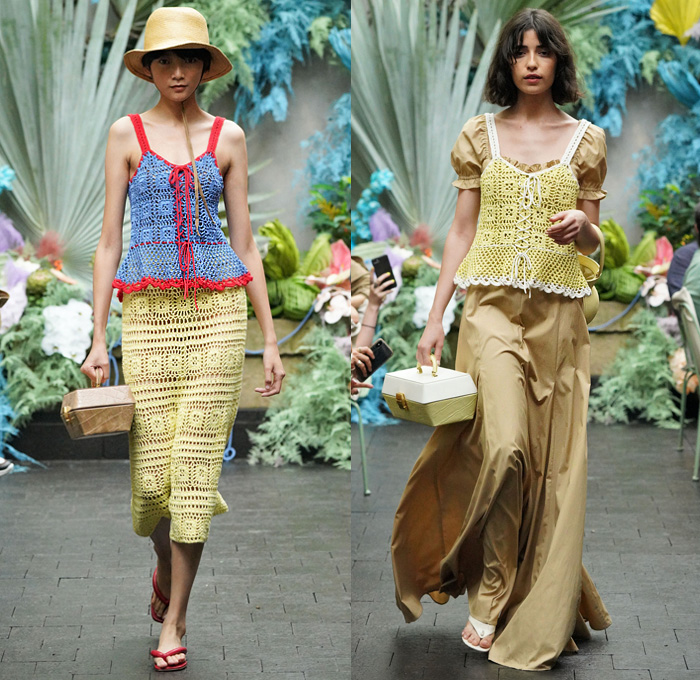 Staud Studio 2019 Spring Summer Womens Runway Catwalk Looks Collection Sarah Staudinger - New York Fashion Week NYFW - Retro Mod Knit Cap Lace Crochet Mesh Fishnet Maxi Dress Ruffles Khaki Cropped Midriff Pencil Skirt Pompoms Telephone Cord World Map Print Check Bikini Top Wide Leg Palazzo Pants Castle Wall Parapet Hem Teeth Crenels Merlons Coat Shirtdress Sunglasses Chain Plastic PVC Handbag Bucket Pagoda Lantern Jewellery Box Lunch Vase Bag