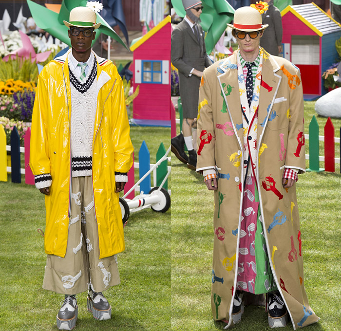 Thom Browne 2019 Spring Summer Mens Runway Catwalk Looks Collection Paris Fashion Week Homme France FHCM - Lawn Garden Gnome Stripes Oversized Shrunken Animals Whales Crabs Lobsters Anchors Sailboats Bowler Hat Preppy Seersucker PVC Rope Embroidery Layers Plaid Gingham Picnic Check Silk Satin Fur Corduroy Coat Parka Blazer Onesie Jumpsuit Coveralls Knit Sweater Crochet Cardigan Wide Leg Culottes Manskirt Kilt Shorts Boots Elevator Brogues Necktie Colored Sunglasses Briefcase Handbag