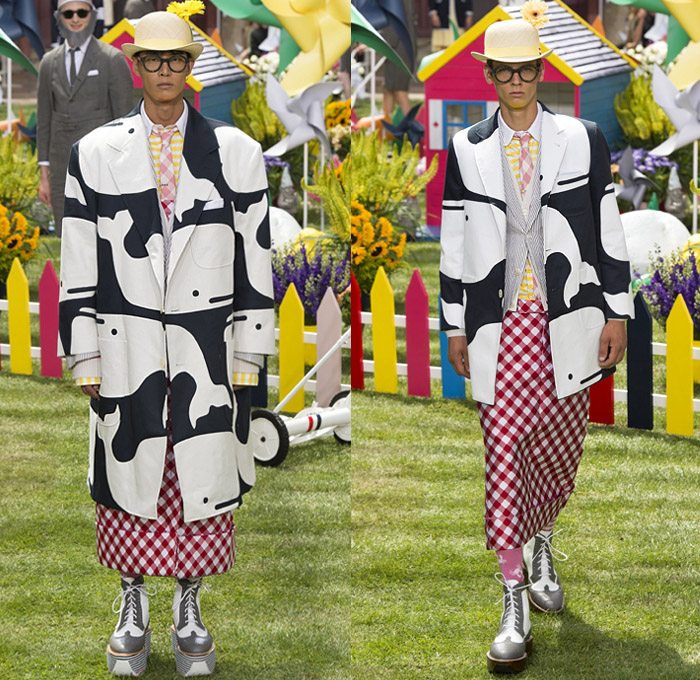 Thom Browne 2019 Spring Summer Mens Runway Catwalk Looks Collection Paris Fashion Week Homme France FHCM - Lawn Garden Gnome Stripes Oversized Shrunken Animals Whales Crabs Lobsters Anchors Sailboats Bowler Hat Preppy Seersucker PVC Rope Embroidery Layers Plaid Gingham Picnic Check Silk Satin Fur Corduroy Coat Parka Blazer Onesie Jumpsuit Coveralls Knit Sweater Crochet Cardigan Wide Leg Culottes Manskirt Kilt Shorts Boots Elevator Brogues Necktie Colored Sunglasses Briefcase Handbag