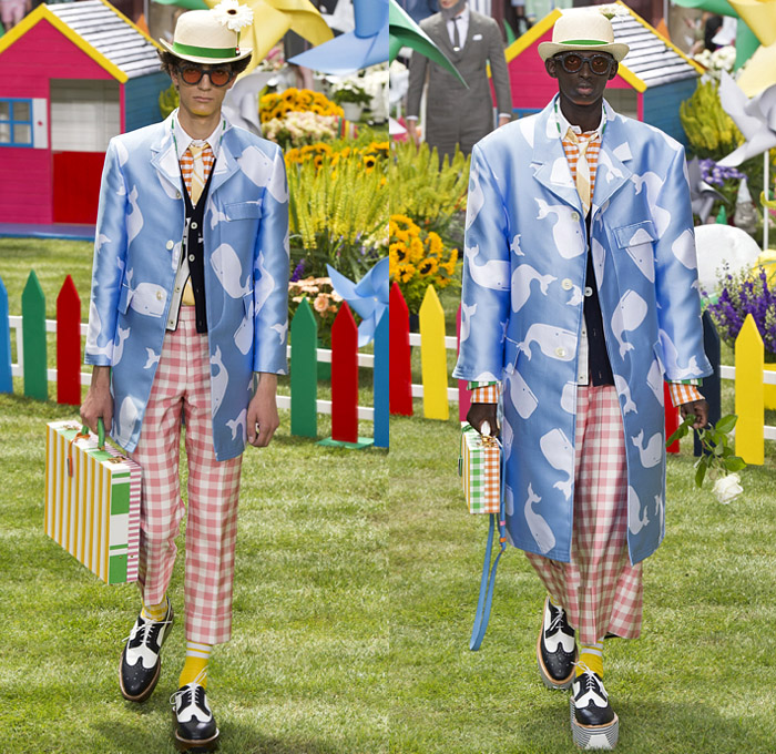 Thom Browne 2019 Spring Summer Mens Runway Catwalk Looks Collection Paris Fashion Week Homme France FHCM - Lawn Garden Gnome Stripes Oversized Shrunken Animals Whales Crabs Lobsters Anchors Sailboats Bowler Hat Preppy Seersucker PVC Rope Embroidery Layers Plaid Gingham Picnic Check Silk Satin Fur Corduroy Coat Parka Blazer Onesie Jumpsuit Coveralls Knit Sweater Crochet Cardigan Wide Leg Culottes Manskirt Kilt Shorts Boots Elevator Brogues Necktie Colored Sunglasses Briefcase Handbag