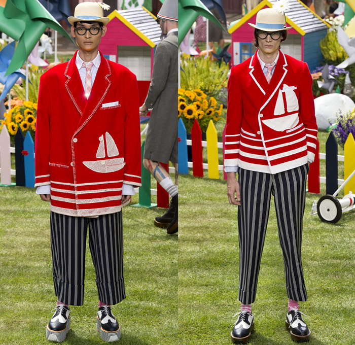 Thom Browne 2019 Spring Summer Mens Runway Catwalk Looks Collection Paris Fashion Week Homme France FHCM - Lawn Garden Gnome Stripes Oversized Shrunken Animals Whales Crabs Lobsters Anchors Sailboats Bowler Hat Preppy Seersucker PVC Rope Embroidery Layers Plaid Gingham Picnic Check Silk Satin Fur Corduroy Coat Parka Blazer Onesie Jumpsuit Coveralls Knit Sweater Crochet Cardigan Wide Leg Culottes Manskirt Kilt Shorts Boots Elevator Brogues Necktie Colored Sunglasses Briefcase Handbag