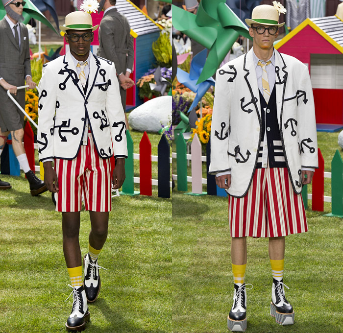 Thom Browne 2019 Spring Summer Mens Runway Catwalk Looks Collection Paris Fashion Week Homme France FHCM - Lawn Garden Gnome Stripes Oversized Shrunken Animals Whales Crabs Lobsters Anchors Sailboats Bowler Hat Preppy Seersucker PVC Rope Embroidery Layers Plaid Gingham Picnic Check Silk Satin Fur Corduroy Coat Parka Blazer Onesie Jumpsuit Coveralls Knit Sweater Crochet Cardigan Wide Leg Culottes Manskirt Kilt Shorts Boots Elevator Brogues Necktie Colored Sunglasses Briefcase Handbag