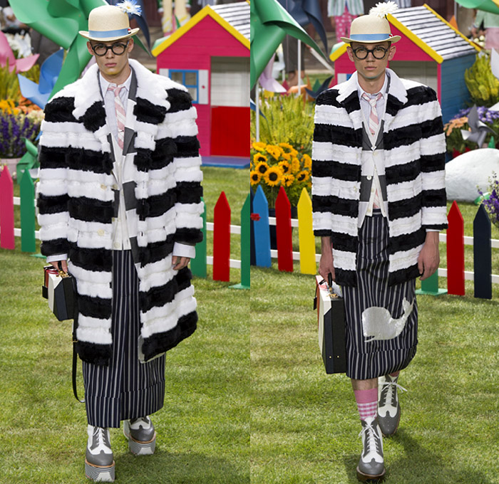 Thom Browne 2019 Spring Summer Mens Runway Catwalk Looks Collection Paris Fashion Week Homme France FHCM - Lawn Garden Gnome Stripes Oversized Shrunken Animals Whales Crabs Lobsters Anchors Sailboats Bowler Hat Preppy Seersucker PVC Rope Embroidery Layers Plaid Gingham Picnic Check Silk Satin Fur Corduroy Coat Parka Blazer Onesie Jumpsuit Coveralls Knit Sweater Crochet Cardigan Wide Leg Culottes Manskirt Kilt Shorts Boots Elevator Brogues Necktie Colored Sunglasses Briefcase Handbag