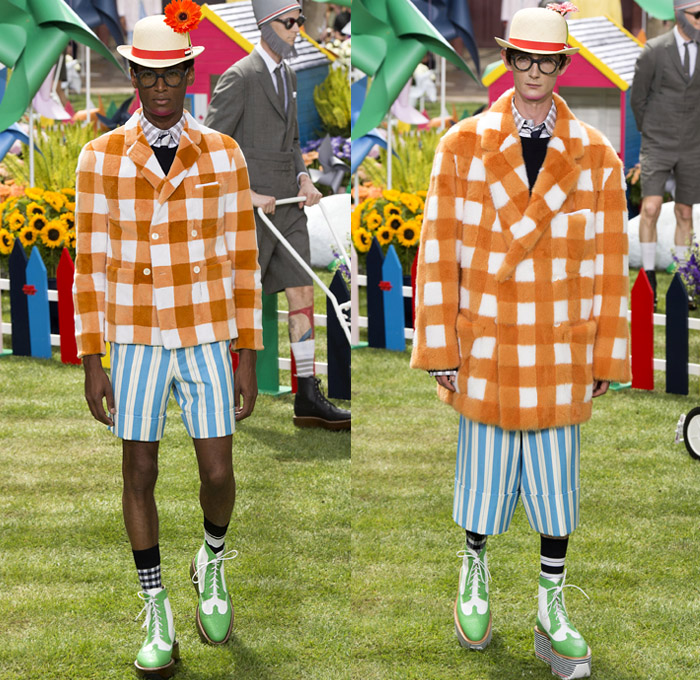 Thom Browne 2019 Spring Summer Mens Runway Catwalk Looks Collection Paris Fashion Week Homme France FHCM - Lawn Garden Gnome Stripes Oversized Shrunken Animals Whales Crabs Lobsters Anchors Sailboats Bowler Hat Preppy Seersucker PVC Rope Embroidery Layers Plaid Gingham Picnic Check Silk Satin Fur Corduroy Coat Parka Blazer Onesie Jumpsuit Coveralls Knit Sweater Crochet Cardigan Wide Leg Culottes Manskirt Kilt Shorts Boots Elevator Brogues Necktie Colored Sunglasses Briefcase Handbag