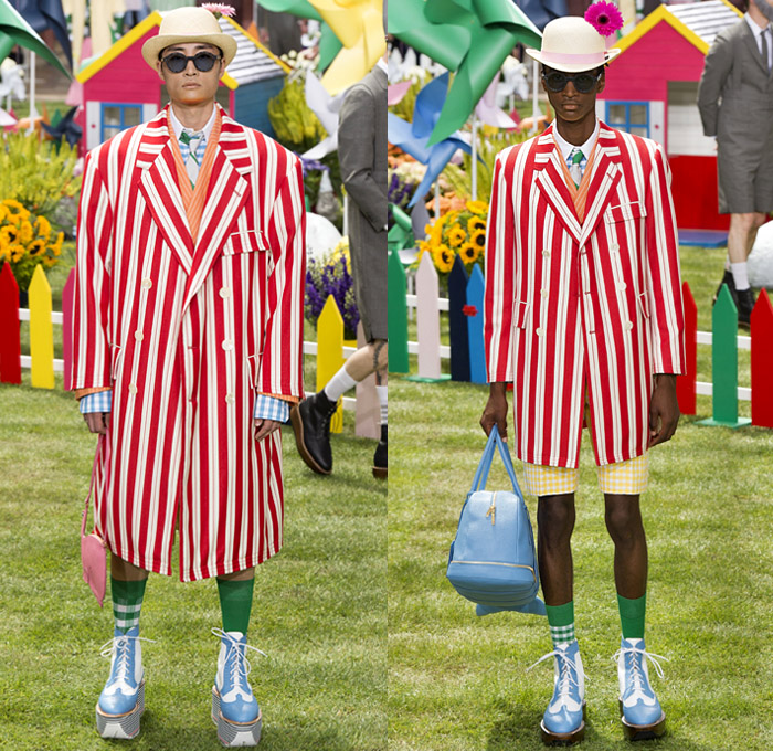 Thom Browne 2019 Spring Summer Mens Runway Catwalk Looks Collection Paris Fashion Week Homme France FHCM - Lawn Garden Gnome Stripes Oversized Shrunken Animals Whales Crabs Lobsters Anchors Sailboats Bowler Hat Preppy Seersucker PVC Rope Embroidery Layers Plaid Gingham Picnic Check Silk Satin Fur Corduroy Coat Parka Blazer Onesie Jumpsuit Coveralls Knit Sweater Crochet Cardigan Wide Leg Culottes Manskirt Kilt Shorts Boots Elevator Brogues Necktie Colored Sunglasses Briefcase Handbag