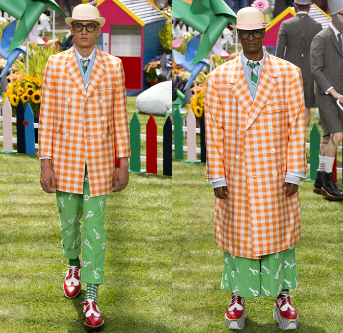 Thom Browne 2019 Spring Summer Mens Runway Catwalk Looks Collection Paris Fashion Week Homme France FHCM - Lawn Garden Gnome Stripes Oversized Shrunken Animals Whales Crabs Lobsters Anchors Sailboats Bowler Hat Preppy Seersucker PVC Rope Embroidery Layers Plaid Gingham Picnic Check Silk Satin Fur Corduroy Coat Parka Blazer Onesie Jumpsuit Coveralls Knit Sweater Crochet Cardigan Wide Leg Culottes Manskirt Kilt Shorts Boots Elevator Brogues Necktie Colored Sunglasses Briefcase Handbag