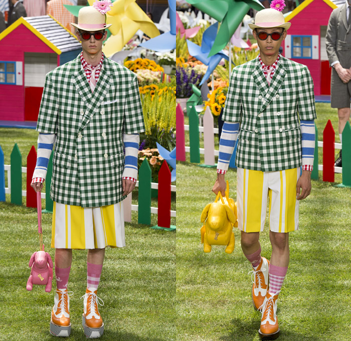 Thom Browne 2019 Spring Summer Mens Runway Catwalk Looks Collection Paris Fashion Week Homme France FHCM - Lawn Garden Gnome Stripes Oversized Shrunken Animals Whales Crabs Lobsters Anchors Sailboats Bowler Hat Preppy Seersucker PVC Rope Embroidery Layers Plaid Gingham Picnic Check Silk Satin Fur Corduroy Coat Parka Blazer Onesie Jumpsuit Coveralls Knit Sweater Crochet Cardigan Wide Leg Culottes Manskirt Kilt Shorts Boots Elevator Brogues Necktie Colored Sunglasses Briefcase Handbag