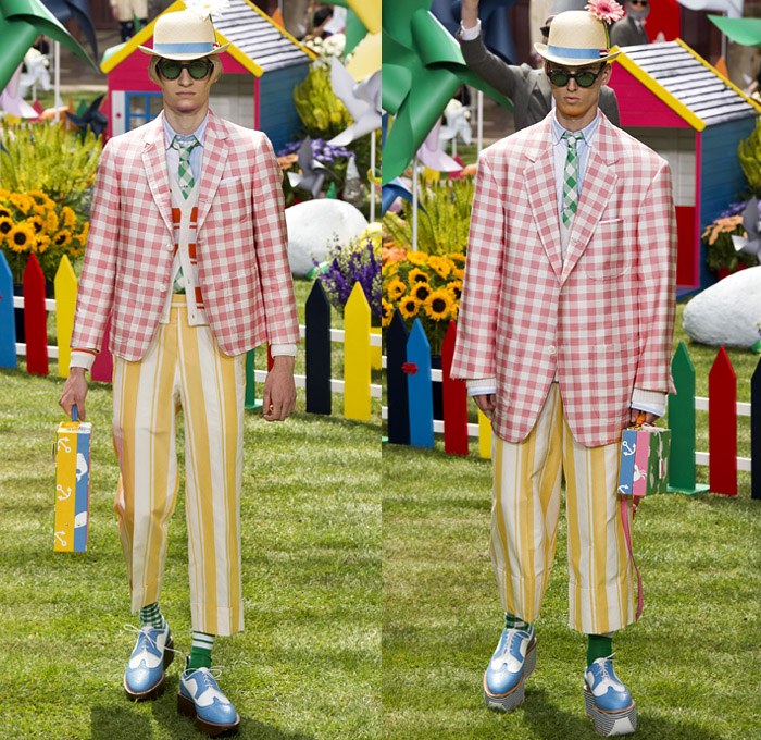 Thom Browne 2019 Spring Summer Mens Runway Catwalk Looks Collection Paris Fashion Week Homme France FHCM - Lawn Garden Gnome Stripes Oversized Shrunken Animals Whales Crabs Lobsters Anchors Sailboats Bowler Hat Preppy Seersucker PVC Rope Embroidery Layers Plaid Gingham Picnic Check Silk Satin Fur Corduroy Coat Parka Blazer Onesie Jumpsuit Coveralls Knit Sweater Crochet Cardigan Wide Leg Culottes Manskirt Kilt Shorts Boots Elevator Brogues Necktie Colored Sunglasses Briefcase Handbag