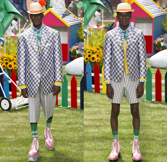 Thom Browne 2019 Spring Summer Mens Runway Catwalk Looks Collection Paris Fashion Week Homme France FHCM - Lawn Garden Gnome Stripes Oversized Shrunken Animals Whales Crabs Lobsters Anchors Sailboats Bowler Hat Preppy Seersucker PVC Rope Embroidery Layers Plaid Gingham Picnic Check Silk Satin Fur Corduroy Coat Parka Blazer Onesie Jumpsuit Coveralls Knit Sweater Crochet Cardigan Wide Leg Culottes Manskirt Kilt Shorts Boots Elevator Brogues Necktie Colored Sunglasses Briefcase Handbag