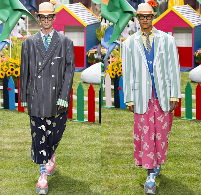 Thom Browne 2019 Spring Summer Mens Runway Catwalk Looks Collection Paris Fashion Week Homme France FHCM - Lawn Garden Gnome Stripes Oversized Shrunken Animals Whales Crabs Lobsters Anchors Sailboats Bowler Hat Preppy Seersucker PVC Rope Embroidery Layers Plaid Gingham Picnic Check Silk Satin Fur Corduroy Coat Parka Blazer Onesie Jumpsuit Coveralls Knit Sweater Crochet Cardigan Wide Leg Culottes Manskirt Kilt Shorts Boots Elevator Brogues Necktie Colored Sunglasses Briefcase Handbag