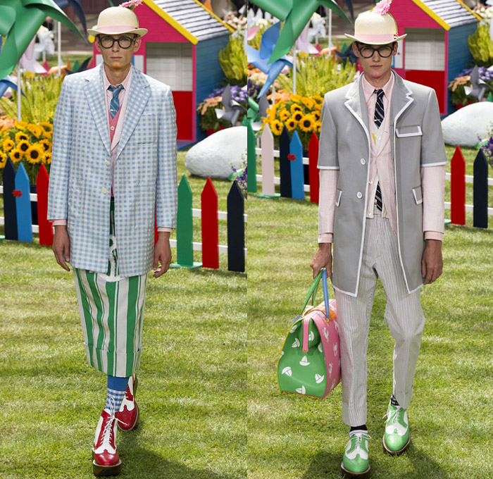 Thom Browne 2019 Spring Summer Mens Runway Catwalk Looks Collection Paris Fashion Week Homme France FHCM - Lawn Garden Gnome Stripes Oversized Shrunken Animals Whales Crabs Lobsters Anchors Sailboats Bowler Hat Preppy Seersucker PVC Rope Embroidery Layers Plaid Gingham Picnic Check Silk Satin Fur Corduroy Coat Parka Blazer Onesie Jumpsuit Coveralls Knit Sweater Crochet Cardigan Wide Leg Culottes Manskirt Kilt Shorts Boots Elevator Brogues Necktie Colored Sunglasses Briefcase Handbag