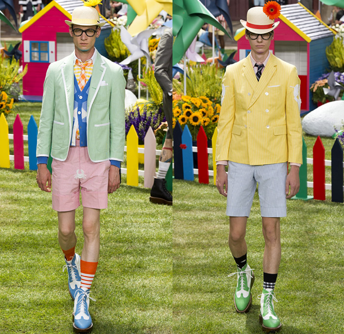 Thom Browne 2019 Spring Summer Mens Runway Catwalk Looks Collection Paris Fashion Week Homme France FHCM - Lawn Garden Gnome Stripes Oversized Shrunken Animals Whales Crabs Lobsters Anchors Sailboats Bowler Hat Preppy Seersucker PVC Rope Embroidery Layers Plaid Gingham Picnic Check Silk Satin Fur Corduroy Coat Parka Blazer Onesie Jumpsuit Coveralls Knit Sweater Crochet Cardigan Wide Leg Culottes Manskirt Kilt Shorts Boots Elevator Brogues Necktie Colored Sunglasses Briefcase Handbag