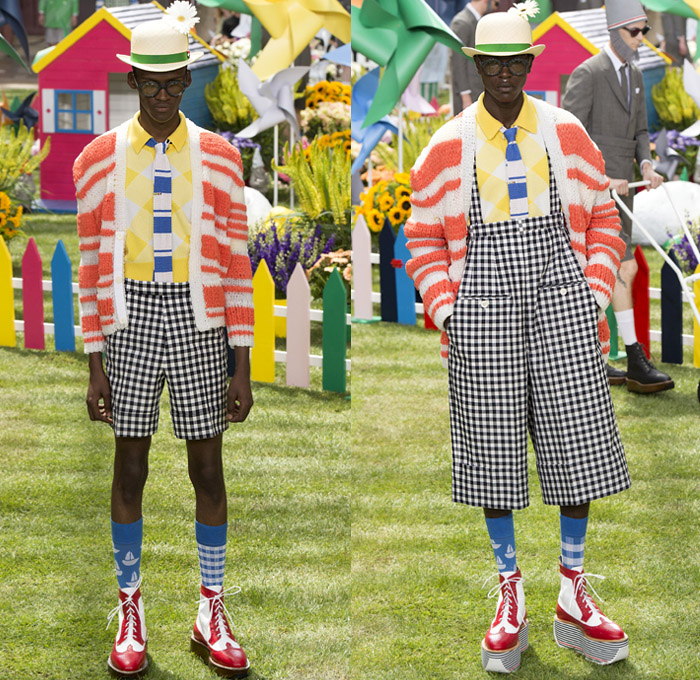 Thom Browne 2019 Spring Summer Mens Runway Catwalk Looks Collection Paris Fashion Week Homme France FHCM - Lawn Garden Gnome Stripes Oversized Shrunken Animals Whales Crabs Lobsters Anchors Sailboats Bowler Hat Preppy Seersucker PVC Rope Embroidery Layers Plaid Gingham Picnic Check Silk Satin Fur Corduroy Coat Parka Blazer Onesie Jumpsuit Coveralls Knit Sweater Crochet Cardigan Wide Leg Culottes Manskirt Kilt Shorts Boots Elevator Brogues Necktie Colored Sunglasses Briefcase Handbag