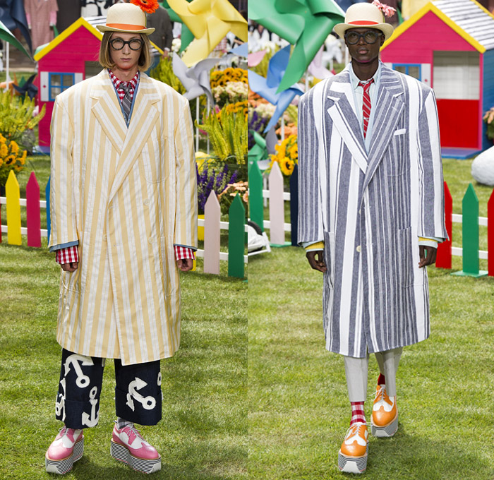 Thom Browne 2019 Spring Summer Mens Runway Catwalk Looks Collection Paris Fashion Week Homme France FHCM - Lawn Garden Gnome Stripes Oversized Shrunken Animals Whales Crabs Lobsters Anchors Sailboats Bowler Hat Preppy Seersucker PVC Rope Embroidery Layers Plaid Gingham Picnic Check Silk Satin Fur Corduroy Coat Parka Blazer Onesie Jumpsuit Coveralls Knit Sweater Crochet Cardigan Wide Leg Culottes Manskirt Kilt Shorts Boots Elevator Brogues Necktie Colored Sunglasses Briefcase Handbag