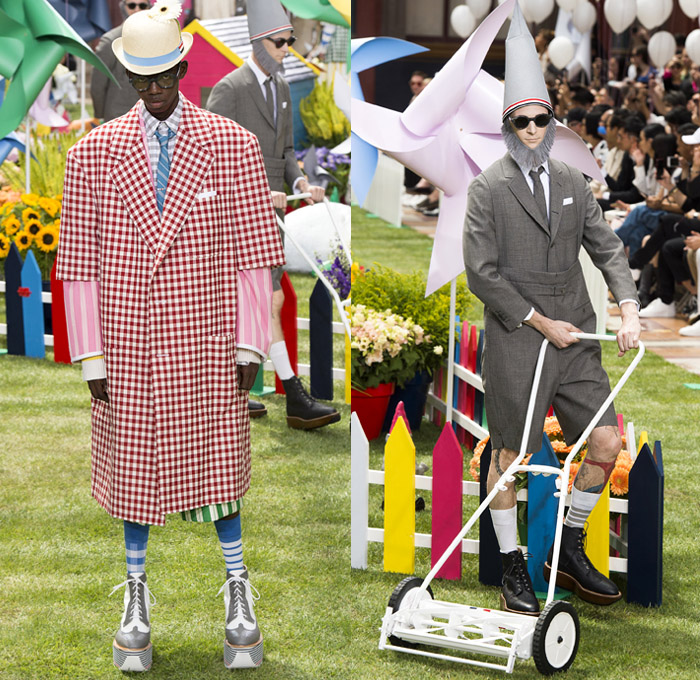 Thom Browne 2019 Spring Summer Mens Runway Catwalk Looks Collection Paris Fashion Week Homme France FHCM - Lawn Garden Gnome Stripes Oversized Shrunken Animals Whales Crabs Lobsters Anchors Sailboats Bowler Hat Preppy Seersucker PVC Rope Embroidery Layers Plaid Gingham Picnic Check Silk Satin Fur Corduroy Coat Parka Blazer Onesie Jumpsuit Coveralls Knit Sweater Crochet Cardigan Wide Leg Culottes Manskirt Kilt Shorts Boots Elevator Brogues Necktie Colored Sunglasses Briefcase Handbag